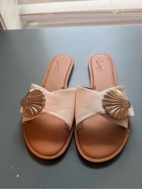Target White Slide Sandals with Gold Shell Detail